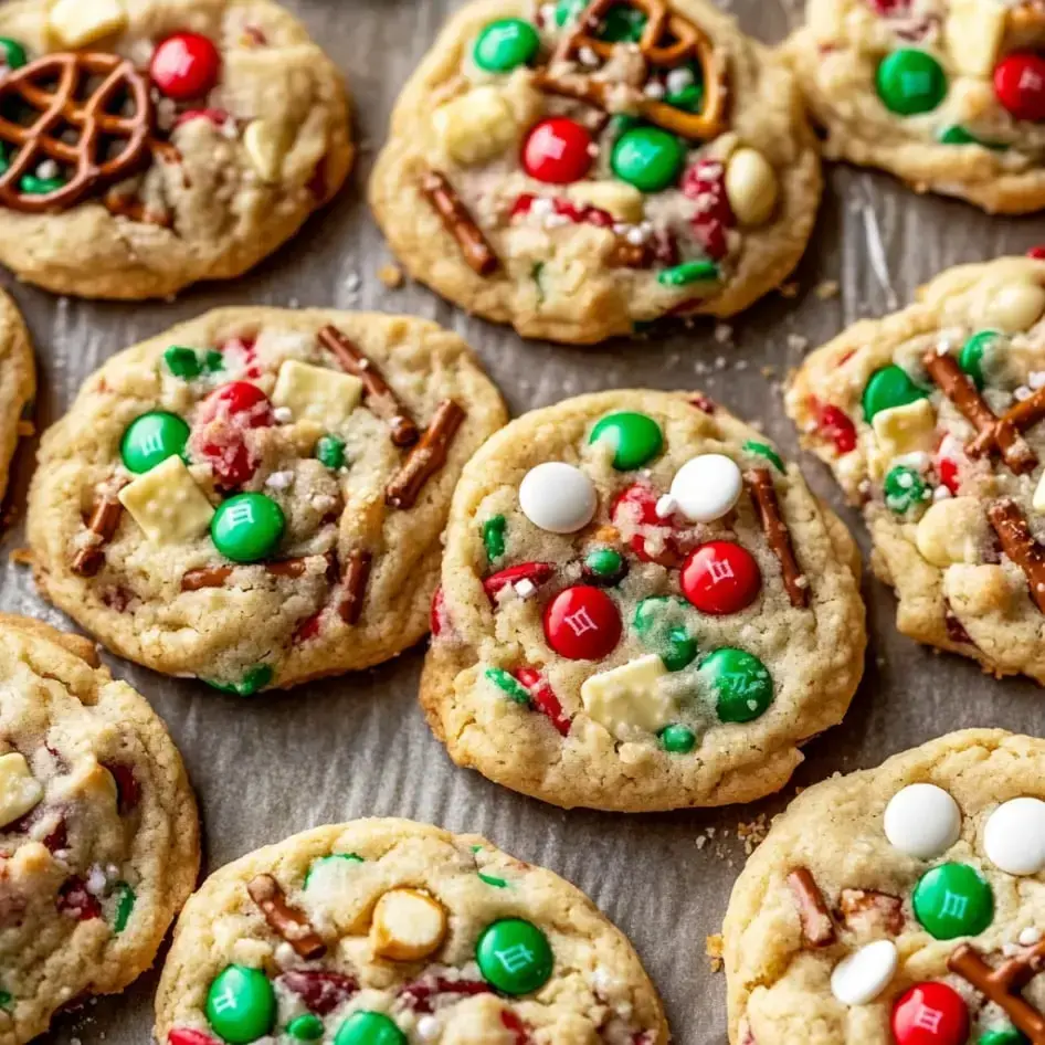 A tray full of colorful holiday cookies topped with red and green candies, pretzels, and creamy white chocolate chips.