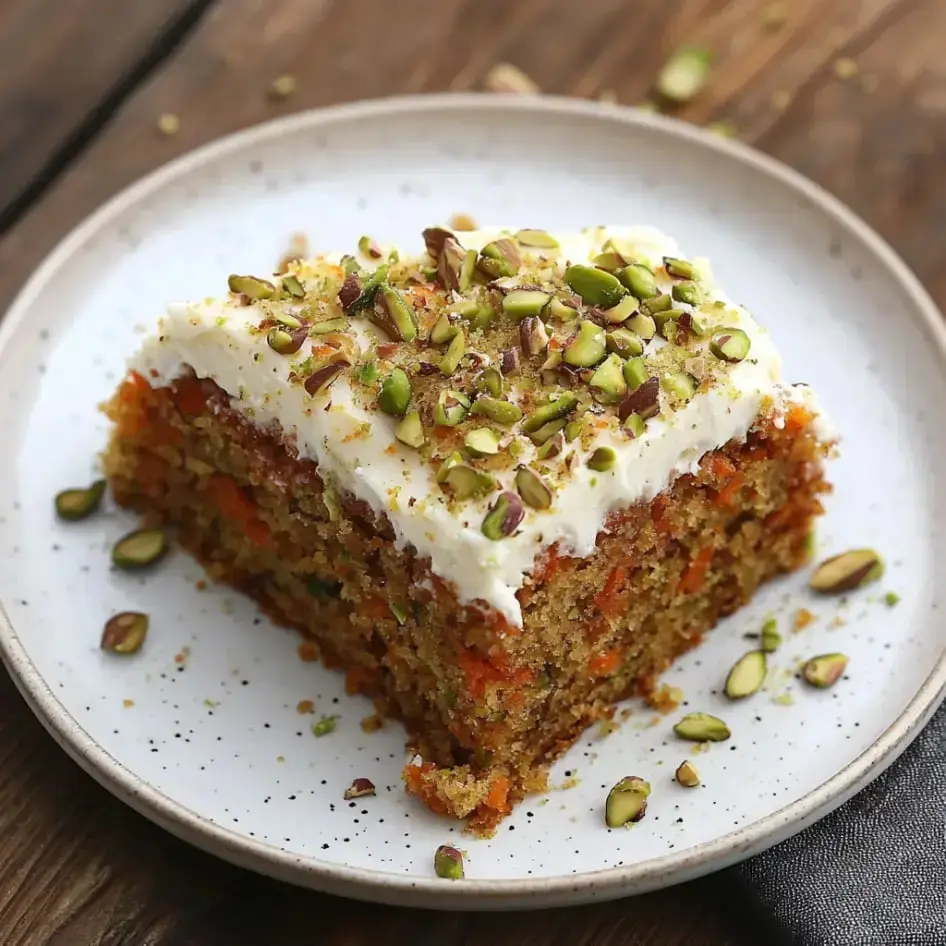 A moist carrot-zucchini cake slice topped with pistachio cream cheese frosting served on a white plate.