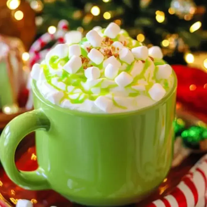 Bright green mug topped with whipped cream, marshmallows, and green syrup. Smiling against a festive holiday setup.