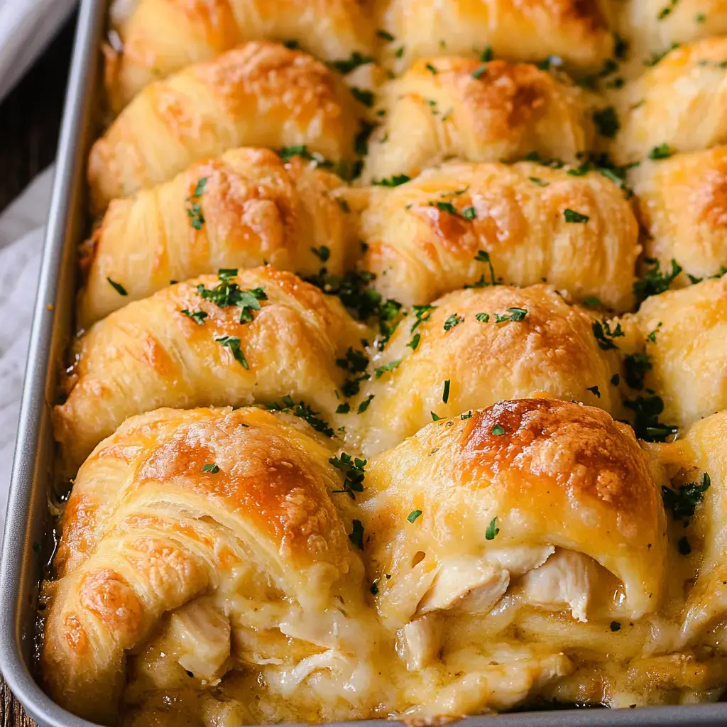 Golden crescent rolls stuffed with cheese and chicken, topped with fresh herbs in a baking dish.