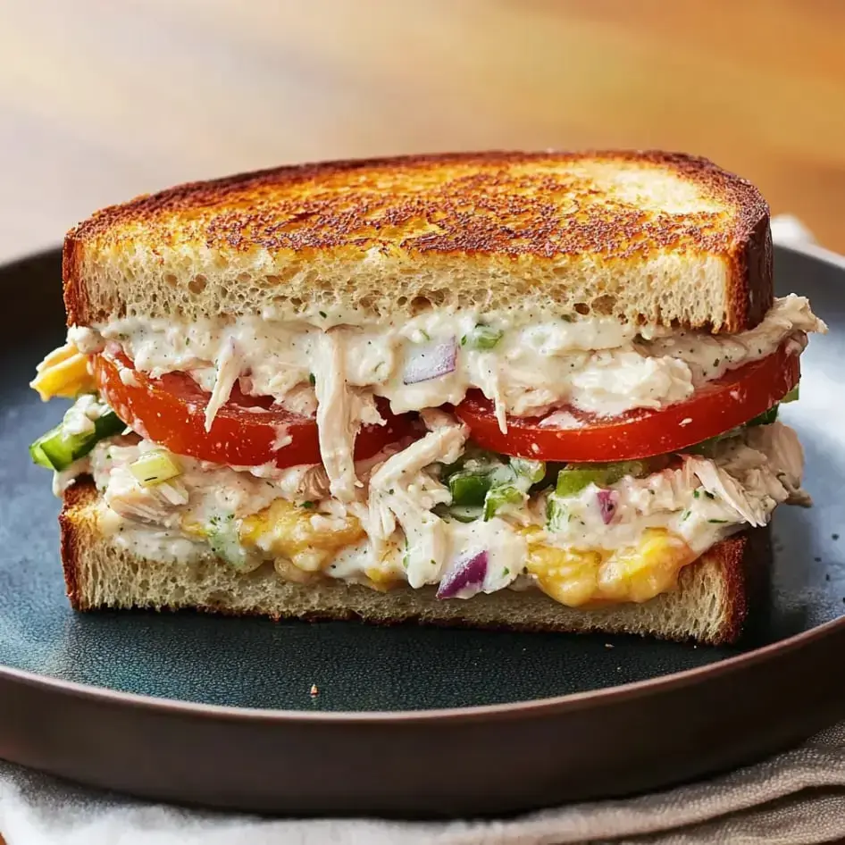Golden bread stuffed with chicken salad, veggies, and melted cheese, served fresh.