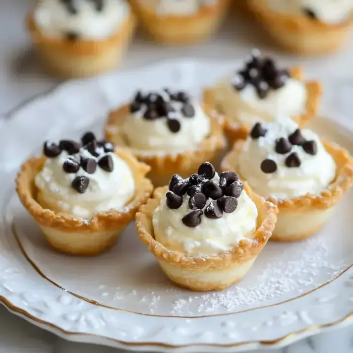 A tray holding small pastry cups filled with cream and dusted with chocolate chips.