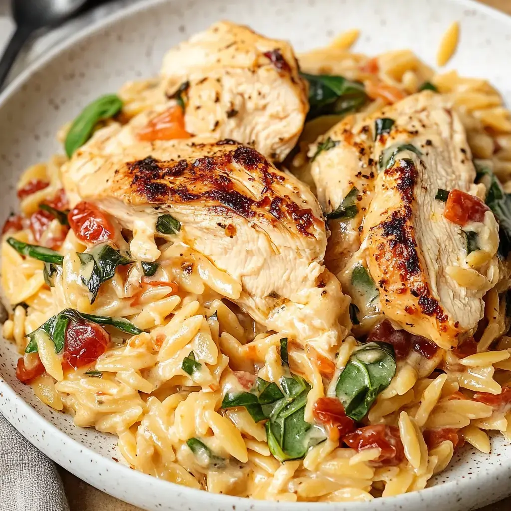Bowl of creamy orzo pasta with grilled chicken, spinach, and sun-dried tomatoes.