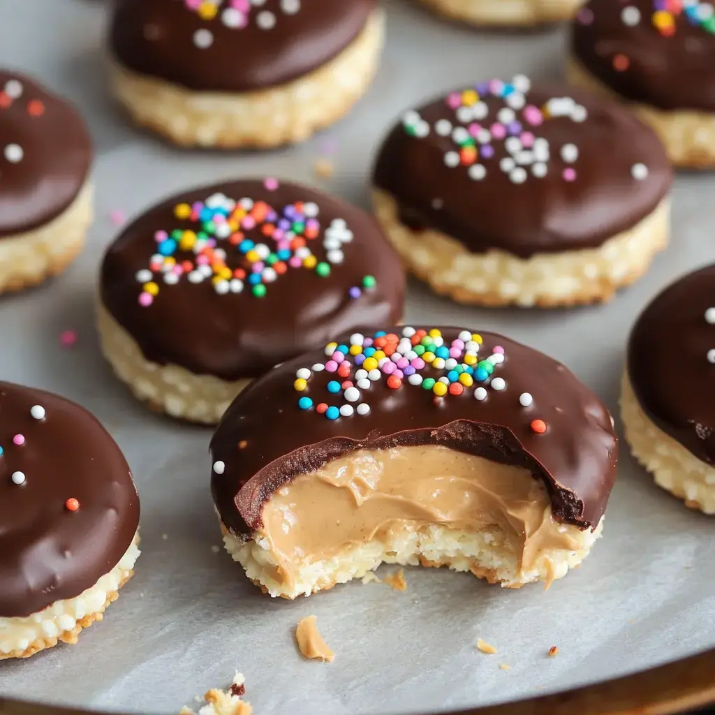Close-up of chocolate-dipped cookies with sprinkles, showing sliced cookie with peanut butter center.