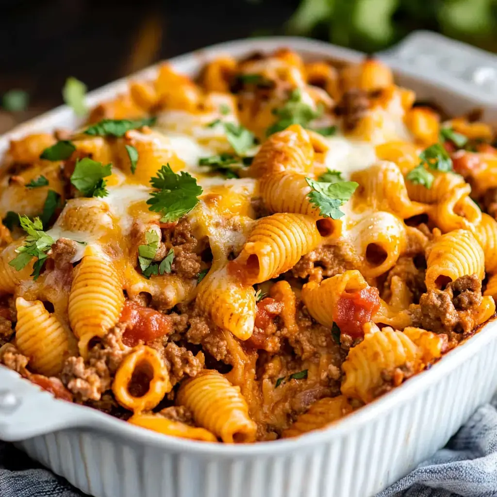 A cheesy baked pasta with taco seasoning, shells, and fresh herbs on top.