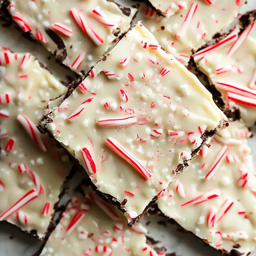 Chocolate bark coated with white chocolate and speckled with crushed peppermint candies and red-striped pieces.