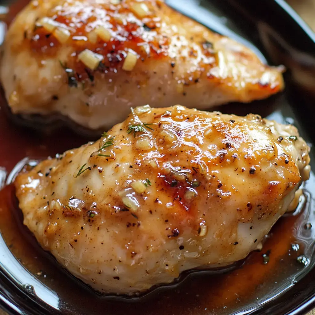 Two juicy chicken fillets with garlic and herbs, served on a dark plate.