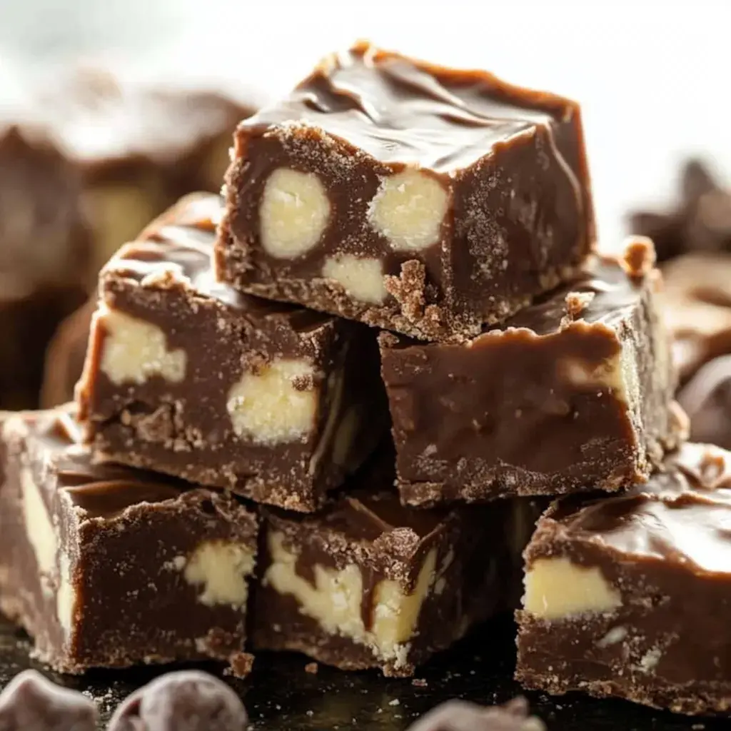 Close-up of creamy chocolate fudge with a white ripple in the middle, surrounded by scattered chocolate chunks.
