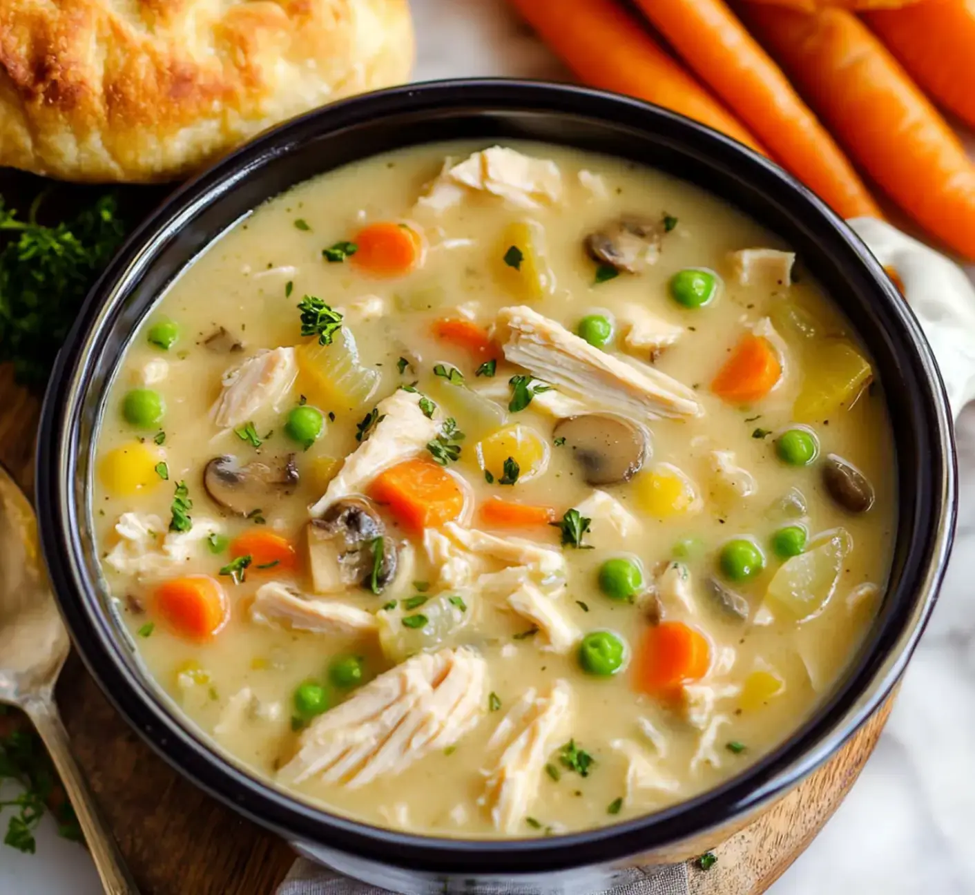 A cozy bowl of creamy chicken soup loaded with fresh veggies like peas, carrots, and mushrooms, served with a biscuit on the side.
