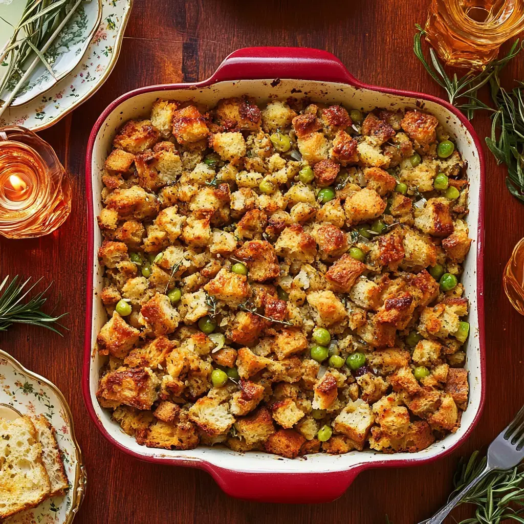 Golden baked stuffing paired with peas in a vibrant red dish on a cozy wooden table, surrounded by candles and festive plates.