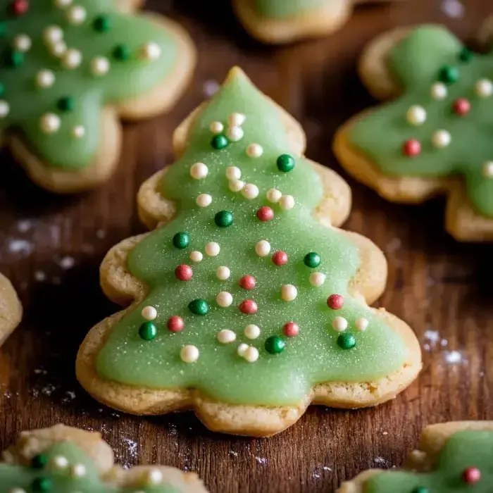 A festive green cookie shaped like a Christmas tree, sprinkled with colorful holiday decorations on a wooden table.