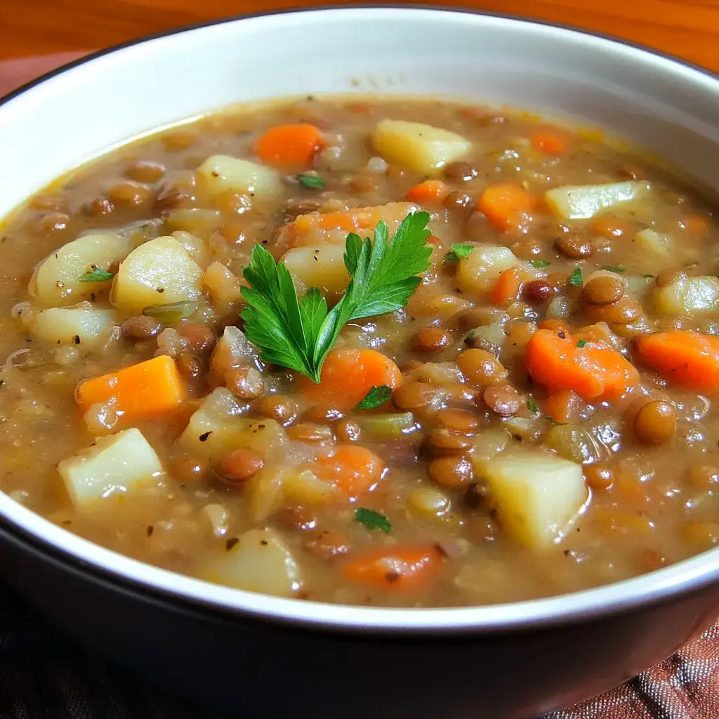A warm bowl of lentil stew with potatoes, carrots, and fresh parsley sprinkled on top.