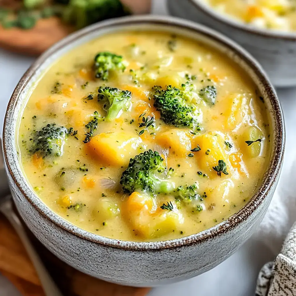 A creamy soup garnished with broccoli and potato chunks in a rustic bowl.