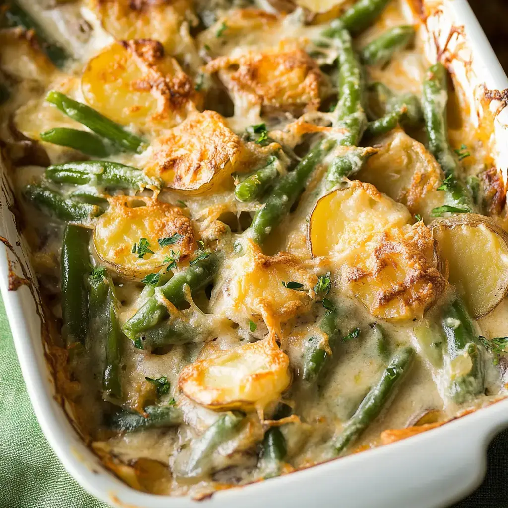Golden potatoes and green beans baked in creamy cheese.