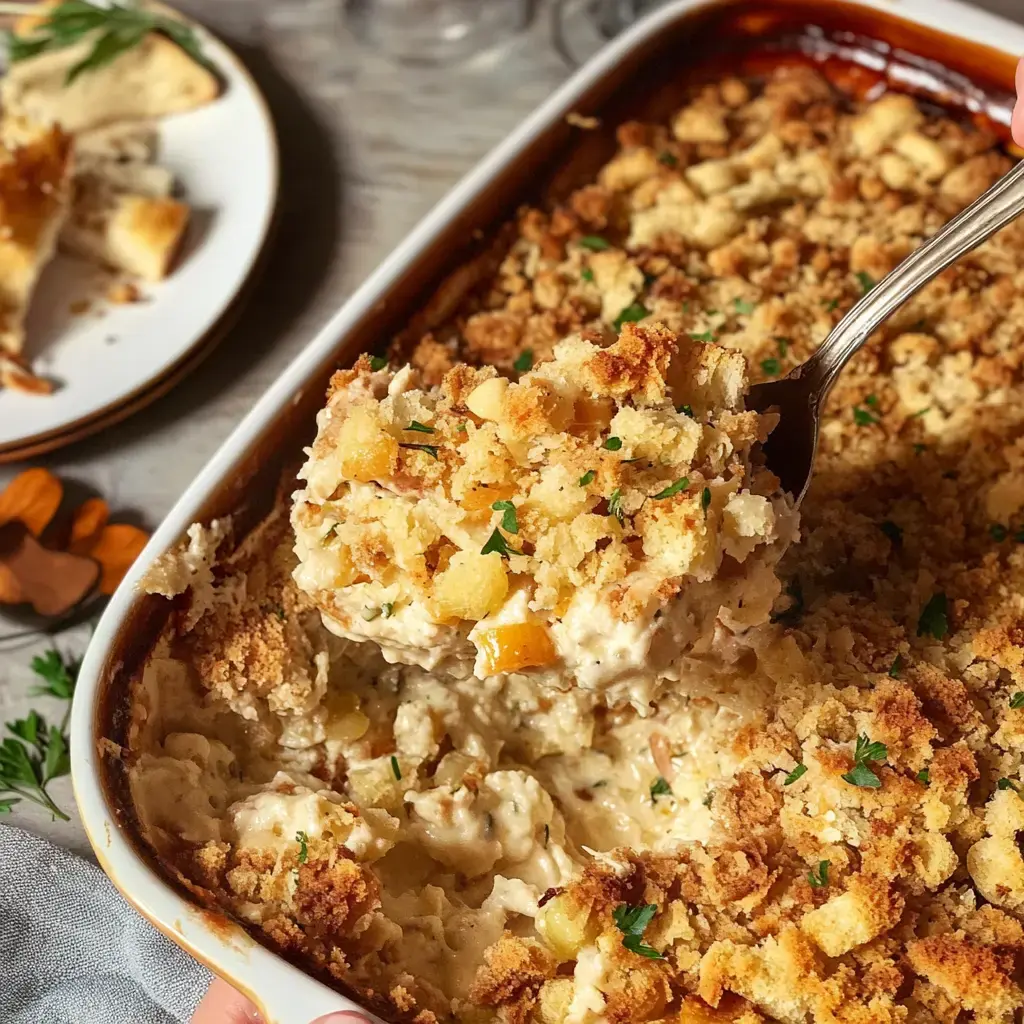 A scoop of rich, creamy casserole with golden breadcrumbs, set beside a plate with some bread.