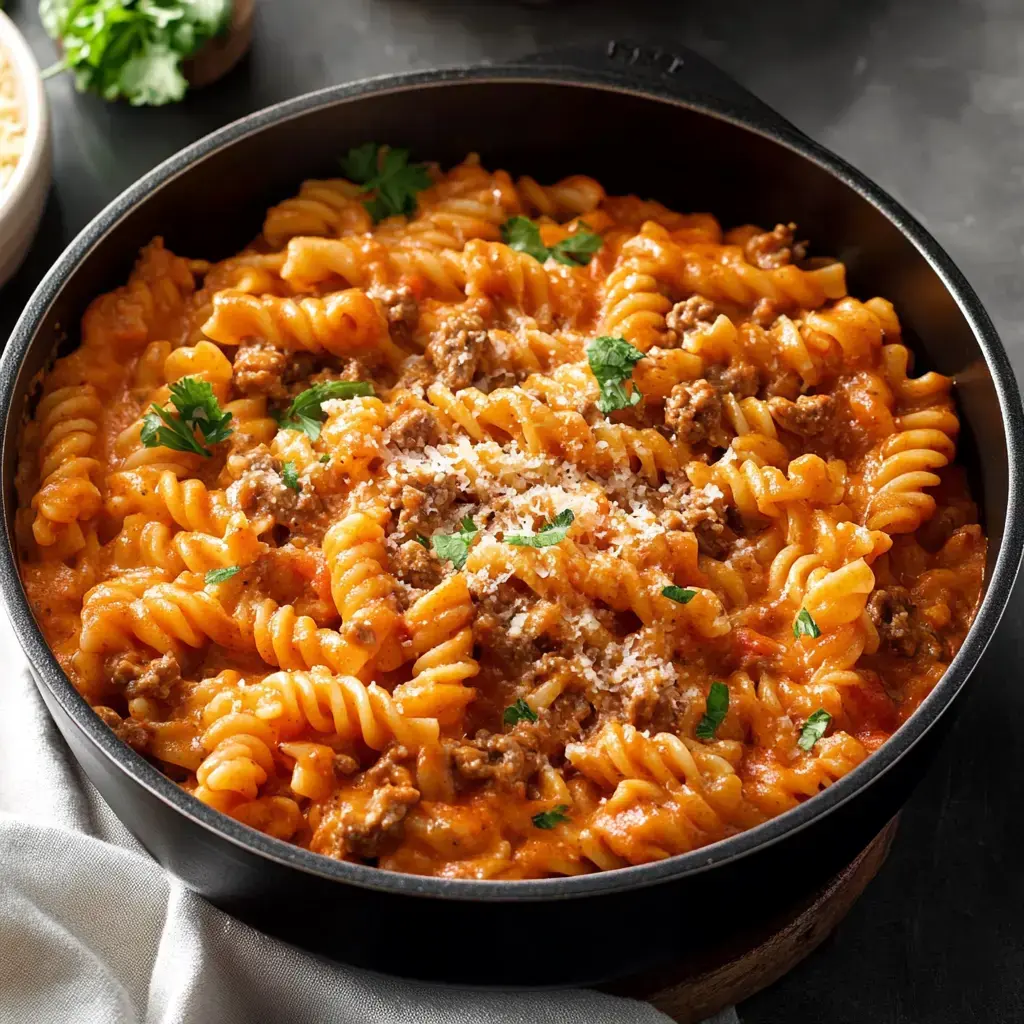 Close-up of creamy pasta with ground beef, topped with parsley and Parmesan cheese, in one pot.