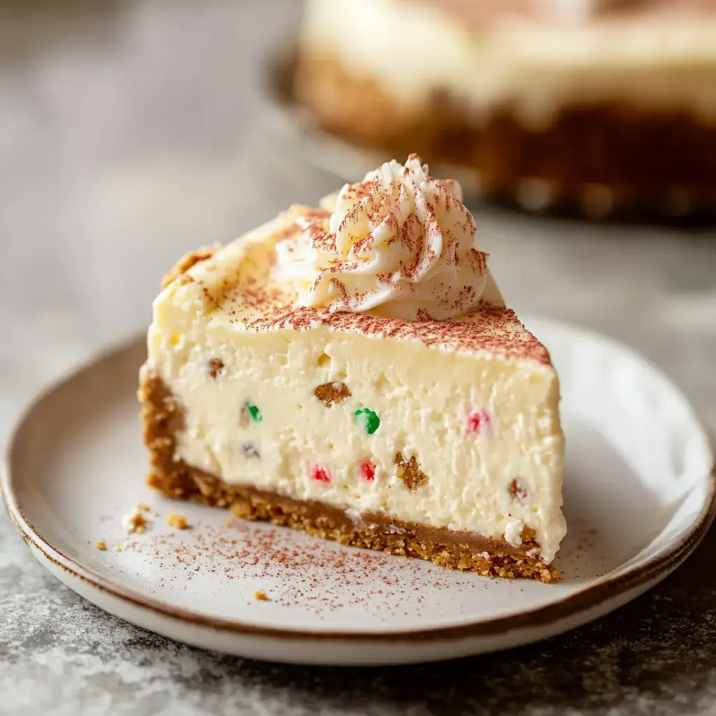 A delicious slice of cheesecake featuring colorful sprinkles and a decorative whipped cream swirl, served on a bright white plate.