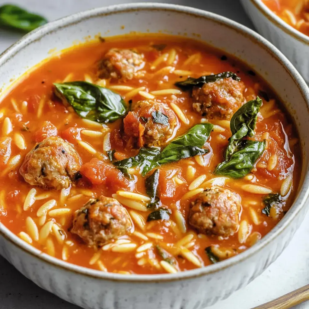 A cozy soup with tomato broth, orzo, turkey bites, and fresh basil.