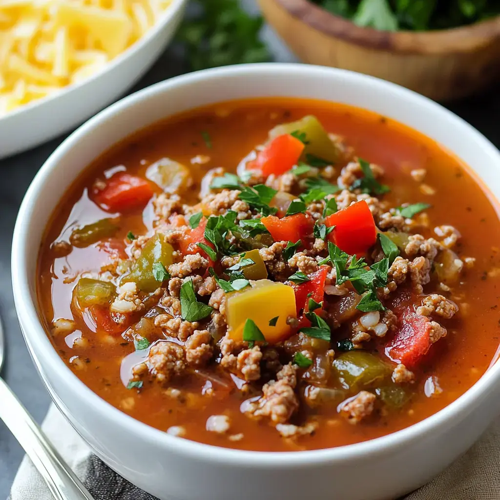 A hearty bowl of soup with golden-brown ground beef, vibrant peppers, and herbs garnished alongside bowls of shredded cheese and fresh greens.