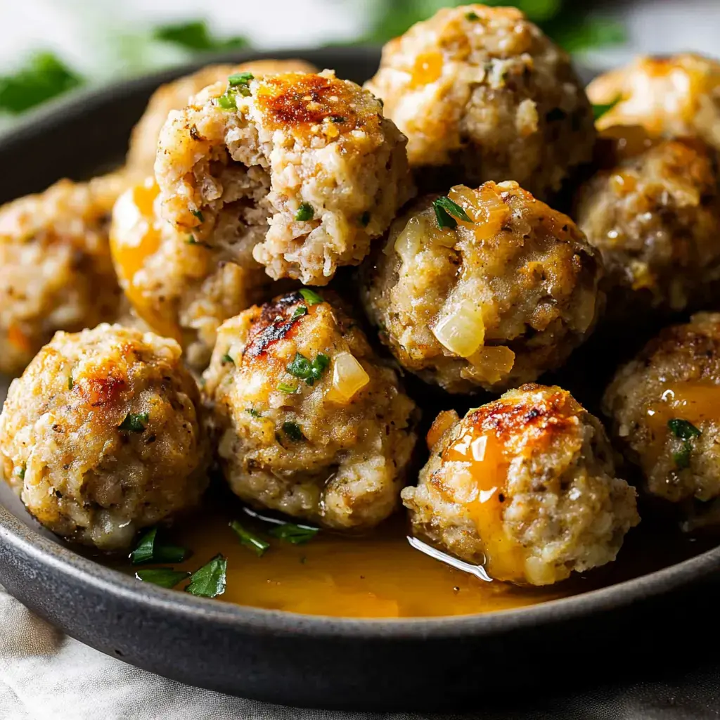 Golden-brown turkey bites topped with herbs, some oozing melted cheese, served in a dark bowl with light dipping sauce.