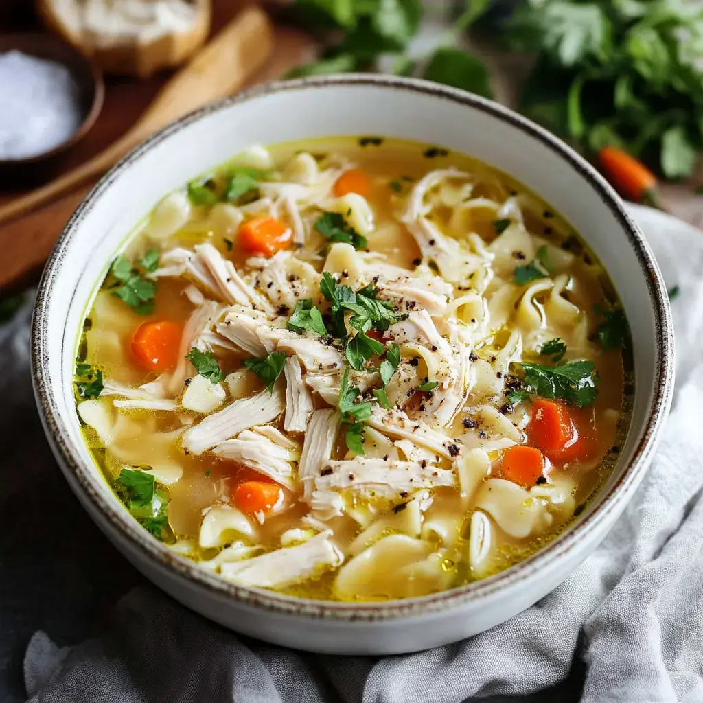 A cozy chicken noodle soup bowl full of shredded chicken, carrots, and finished with fresh herbs.