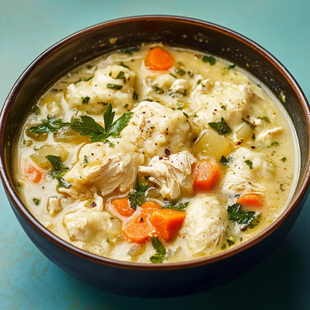 A warm bowl filled with dumplings, shredded chicken, carrots, and creamy broth, garnished with fresh herbs.