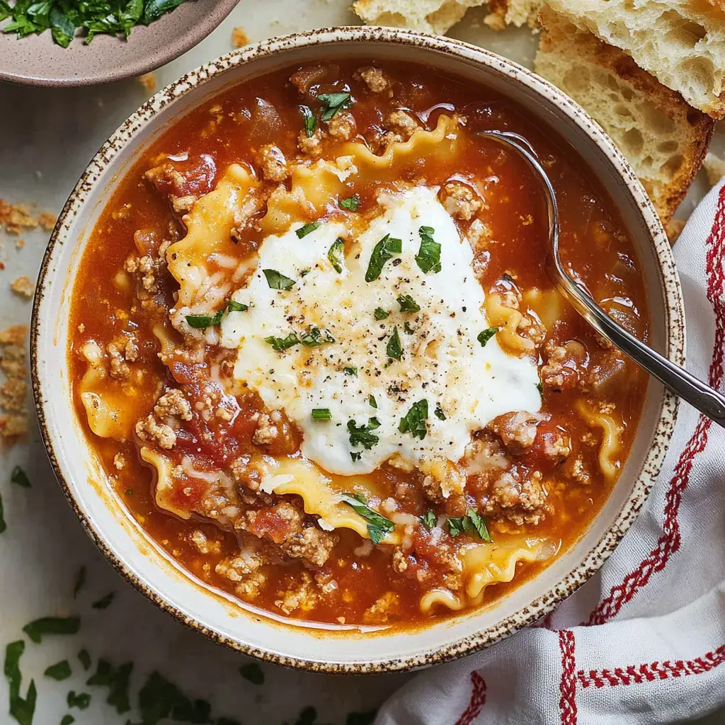 A cozy bowl filled with lasagna soup topped with ricotta cheese and herbs, served with crusty bread and fresh parsley.