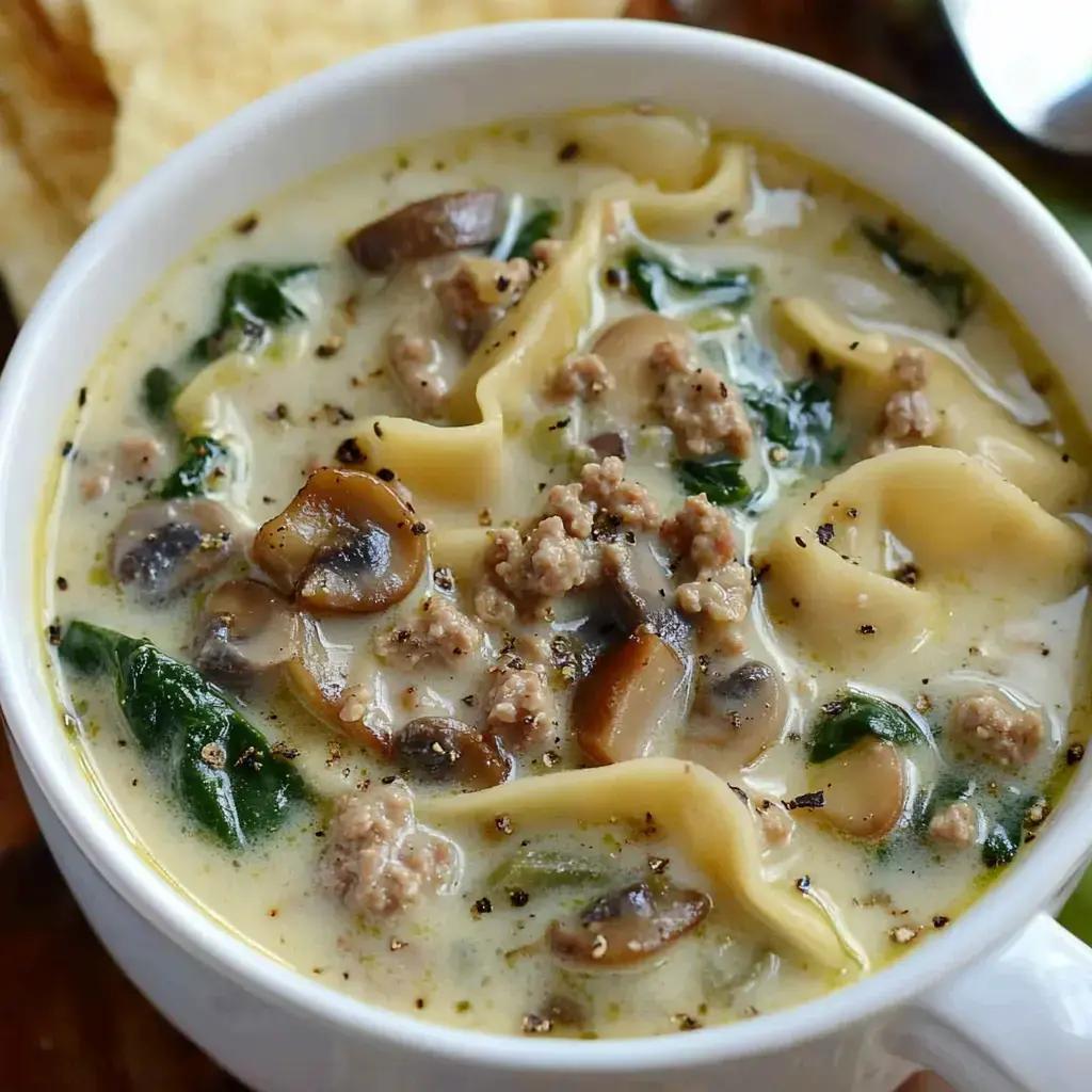 A creamy pasta soup loaded with ground meat, mushrooms, and bright spinach in a bowl.