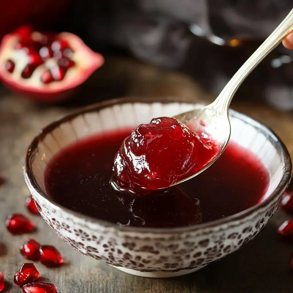 A spoon scoops glossy pomegranate jelly from a fancy bowl, surrounded by scattered pomegranate seeds.