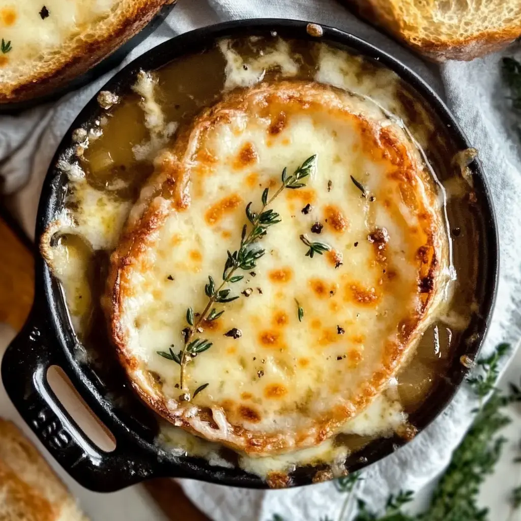 French onion soup in a bowl with gooey cheese on toast, garnished with herbs.