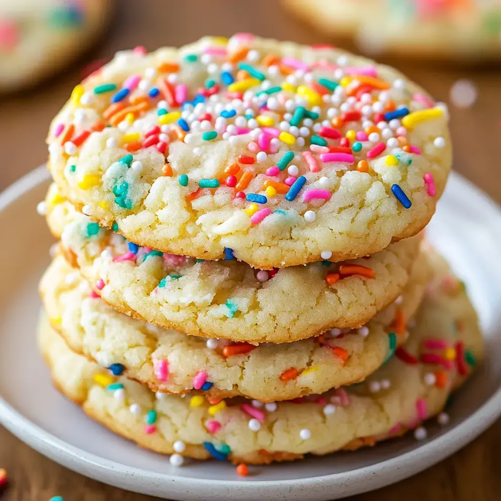 A small plate stacked with vibrant sprinkle-covered cookies.
