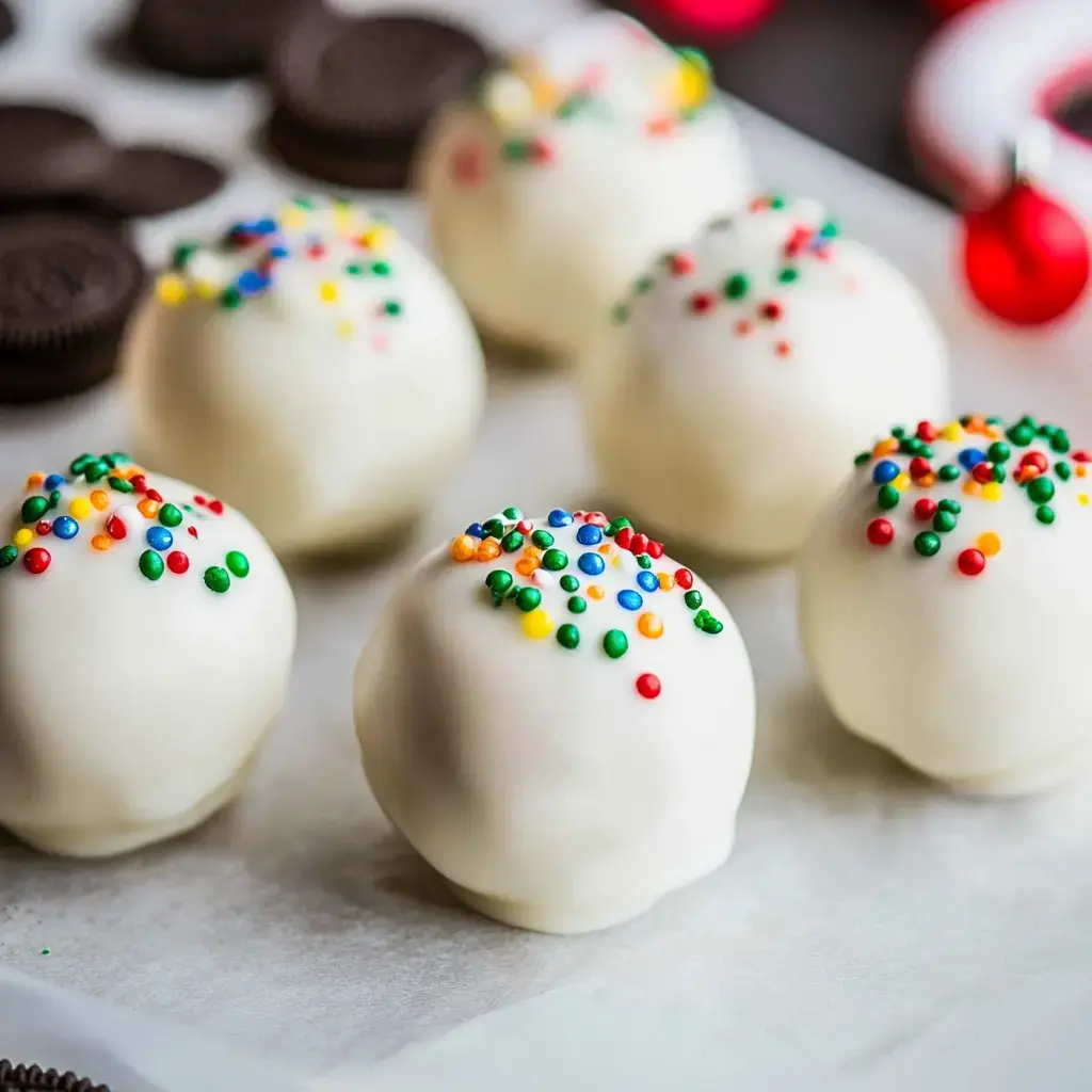 Close-up of white chocolate-covered Oreo balls with colorful sprinkles on parchment paper near cookies.