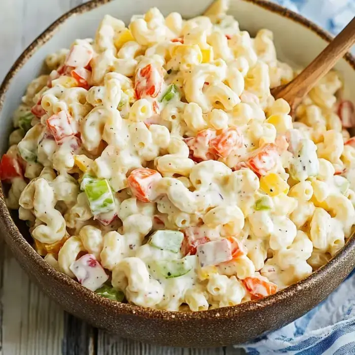 A creamy pasta dish with a mix of veggies like bell peppers and celery in a light dressing, all in a serving bowl.