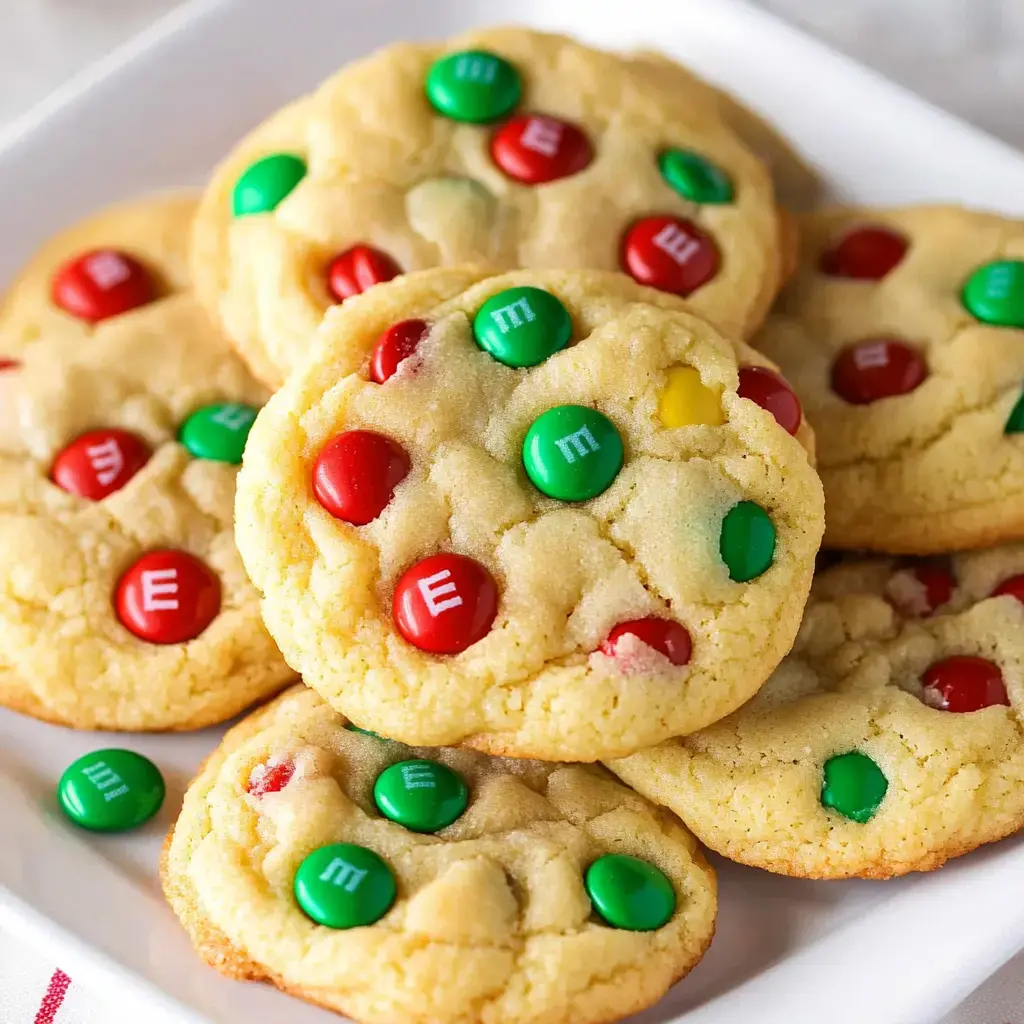 Close-up of colorful M&M-studded cookies, freshly baked and stacked on a white plate.