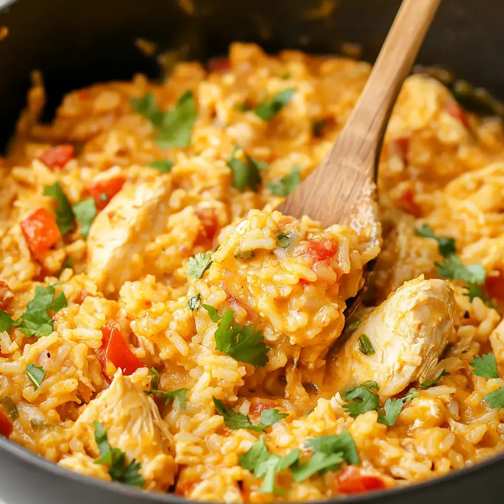 A wooden spoon stirring a creamy, cheesy chicken and rice dish finished with cilantro and diced tomatoes in a dark pot.