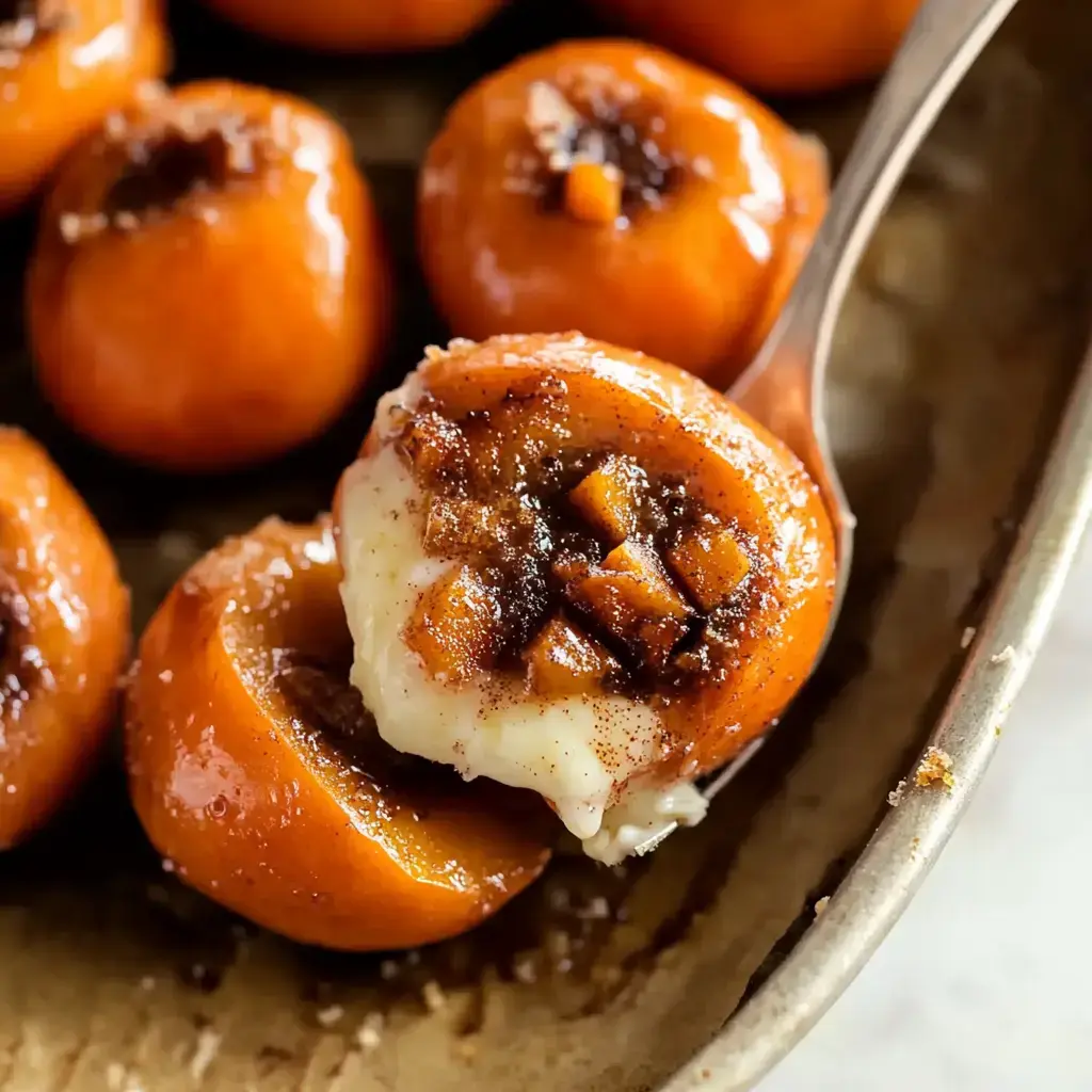 Close-up of baked peaches stuffed with a cinnamon mixture and creamy filling, plated beautifully.