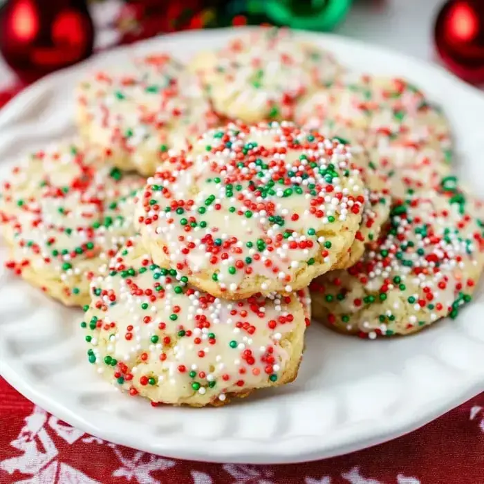 A cheerful display of cookies topped with white frosting and red-green sprinkles.