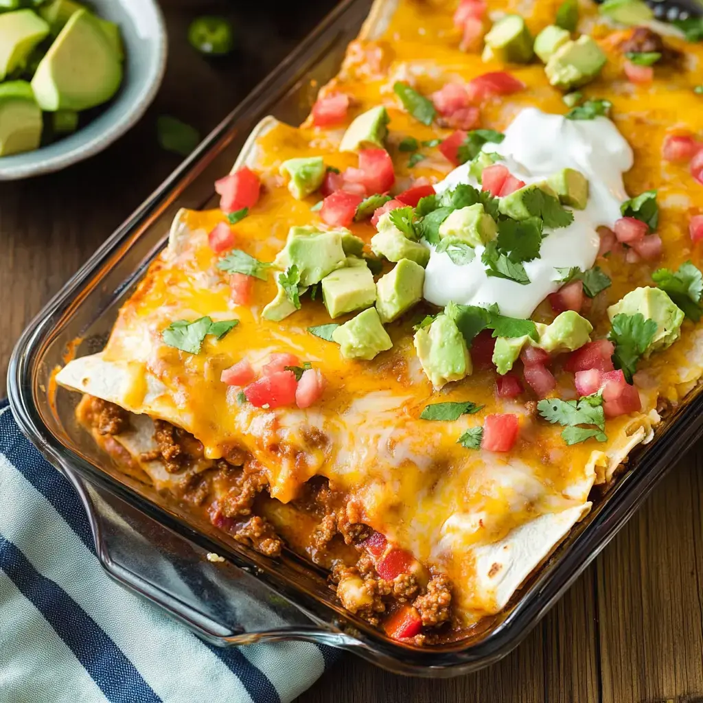 Hot enchiladas covered in gooey cheese with fresh topping like avocado, cilantro, and sour cream, served alongside sliced jalapeños on a rustic table.