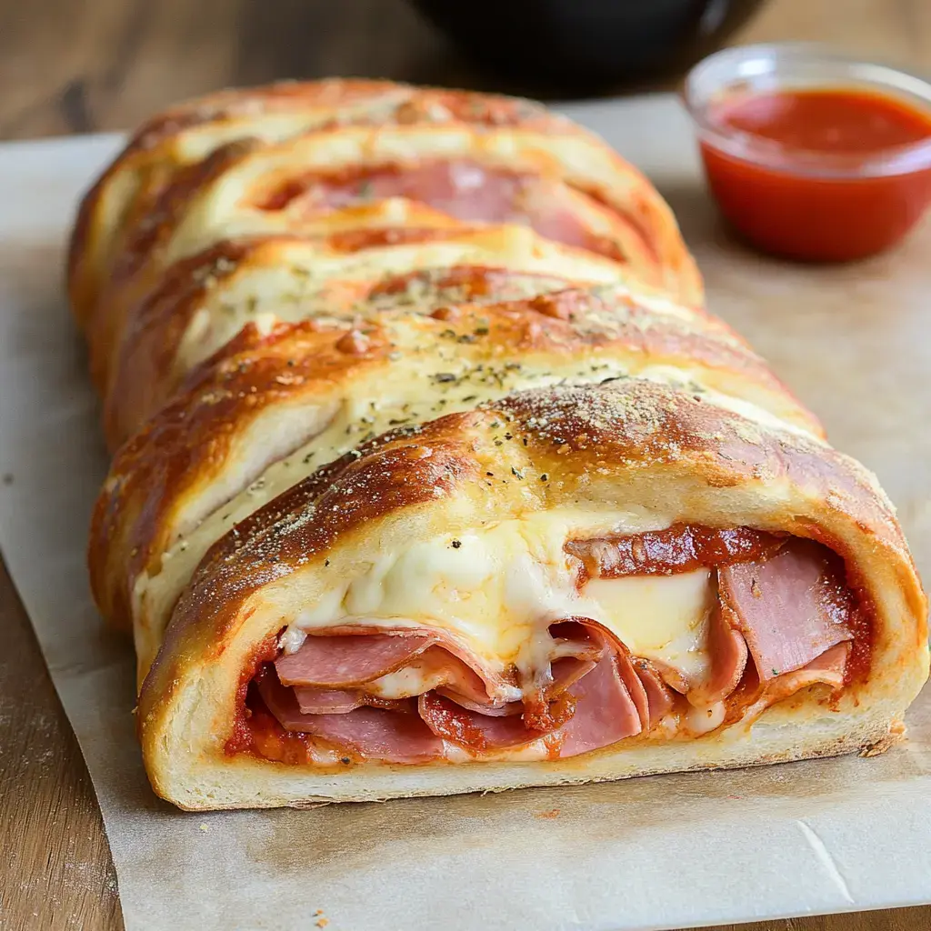 Crispy, golden bread stuffed with melted cheese, deli meats, and sauce, served with marinara on the side.