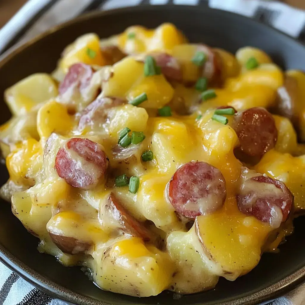 Cheesy potatoes and sausage in a bowl, topped with green onions.