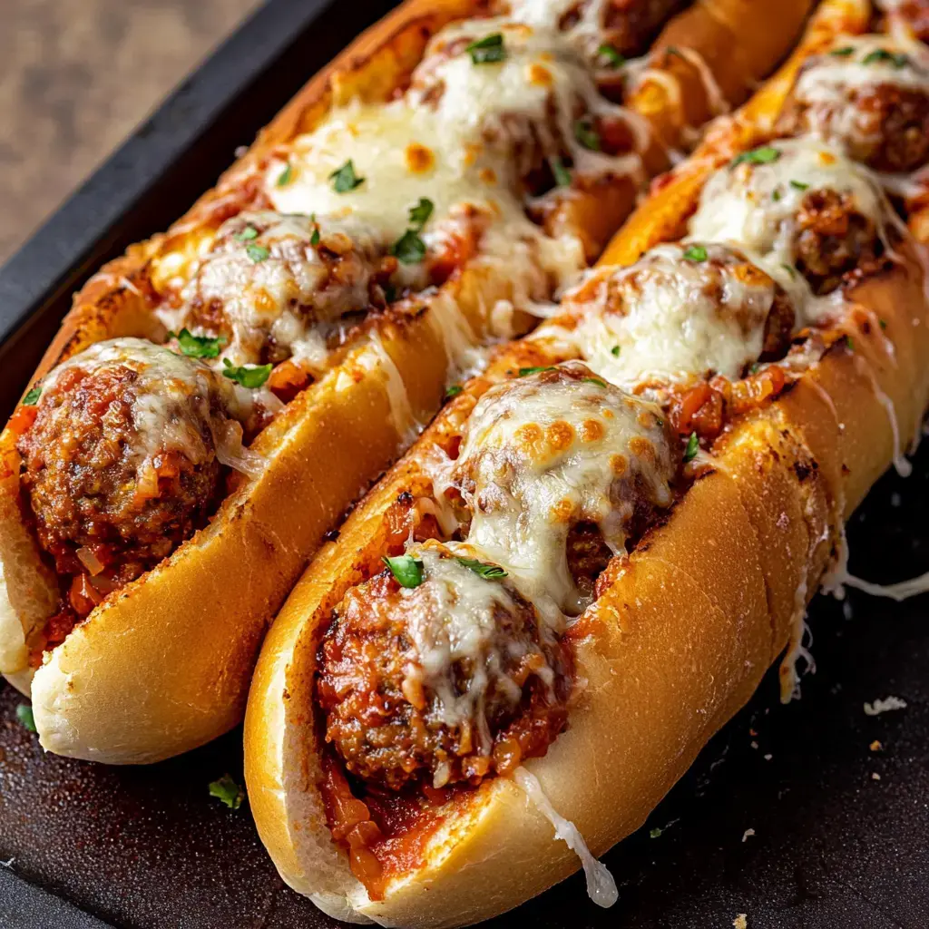 Golden hoagies stuffed with meatballs, marinara, melted cheese, and herbs.
