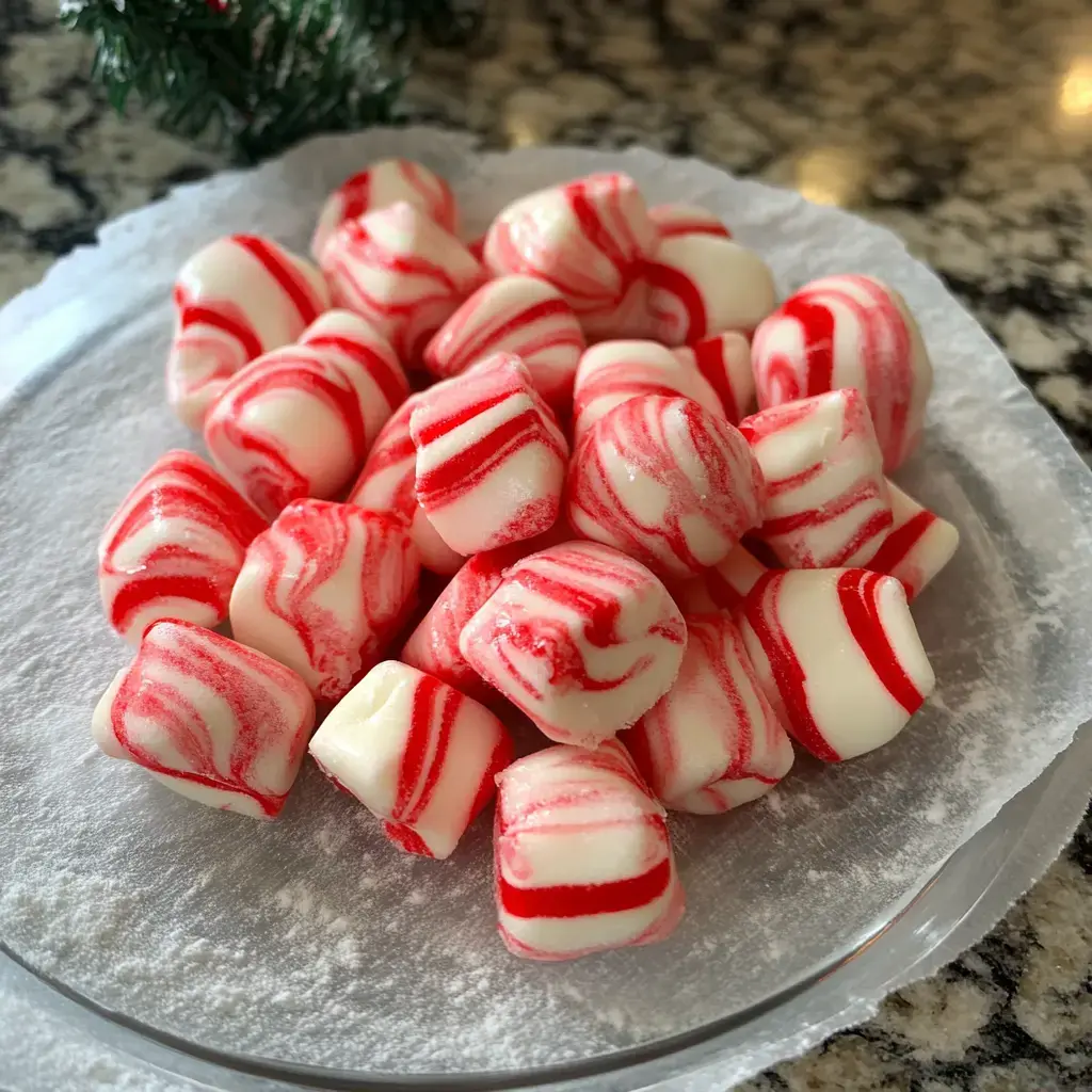 Bright red and white peppermint swirls stacked on a light platter, dusted with sugar.