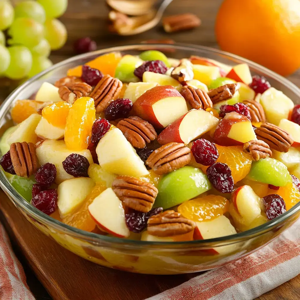A vibrant mix of chopped apples, oranges, grapes, and pecans in a clear bowl.