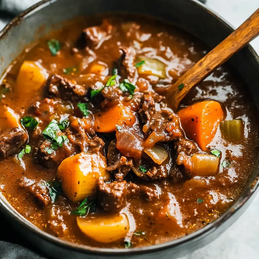 Chunks of beef with veggies in a rich stew served in a white bowl.