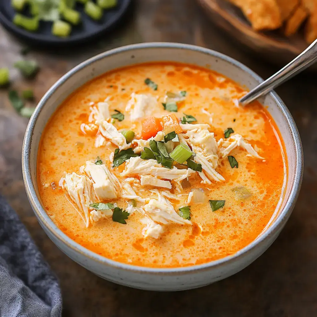 A cozy bowl of smooth soup with shredded chicken, chopped veggies, and fresh herbs.
