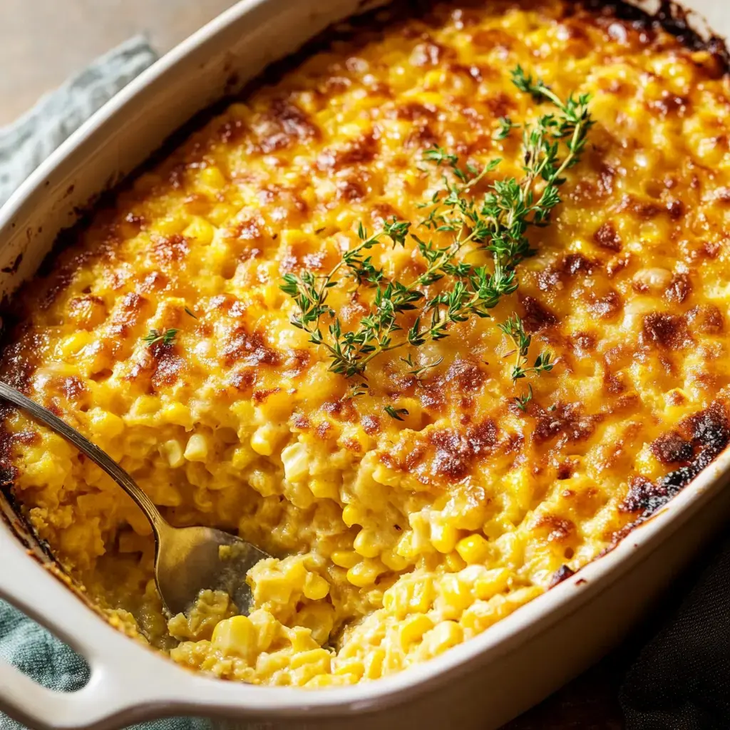 Golden baked corn pudding garnished with fresh thyme.