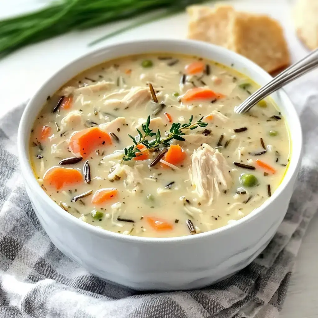 A bowl of creamy chicken and wild rice soup with carrots, peas, and fresh thyme on top.