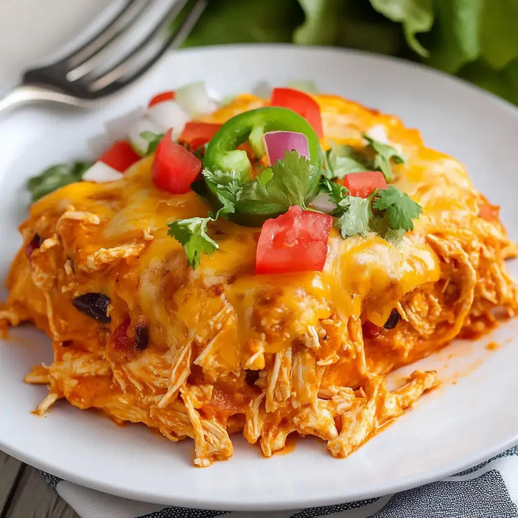 A cheesy chicken plate topped with tomatoes, jalapeños, onions, and fresh cilantro on a white dish.