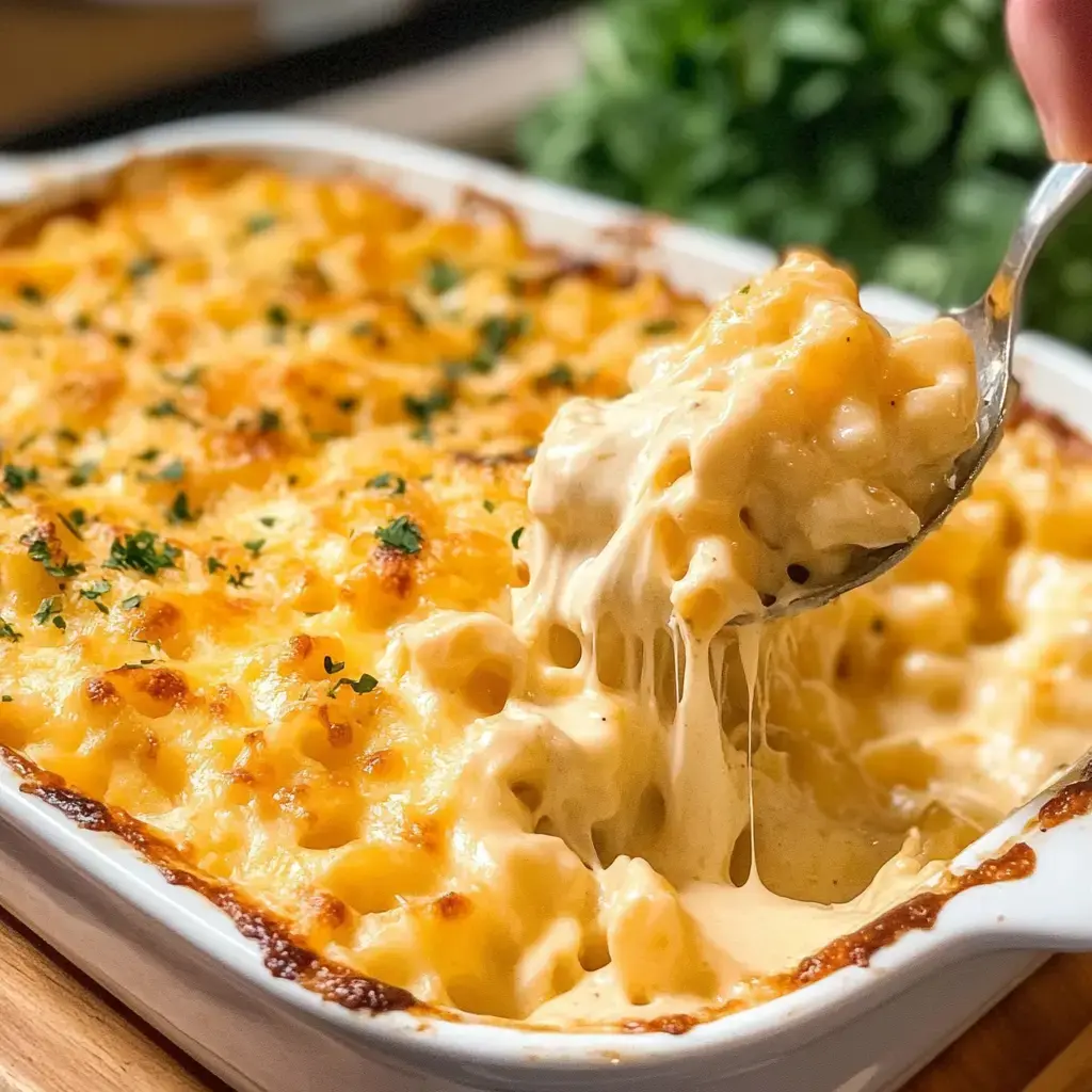 A cheesy bite lifted from a golden-crusted pasta dish, revealing creamy goodness beneath.