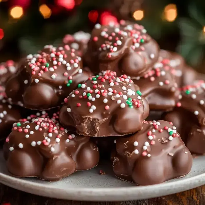 A cozy plate filled with chocolatey treats topped with colorful holiday sprinkles, piled together in a festive stack.
